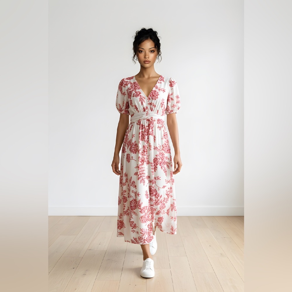 Floral V-Neck Puff‎ Sleeve Maxi Dress - White with Red Floral
